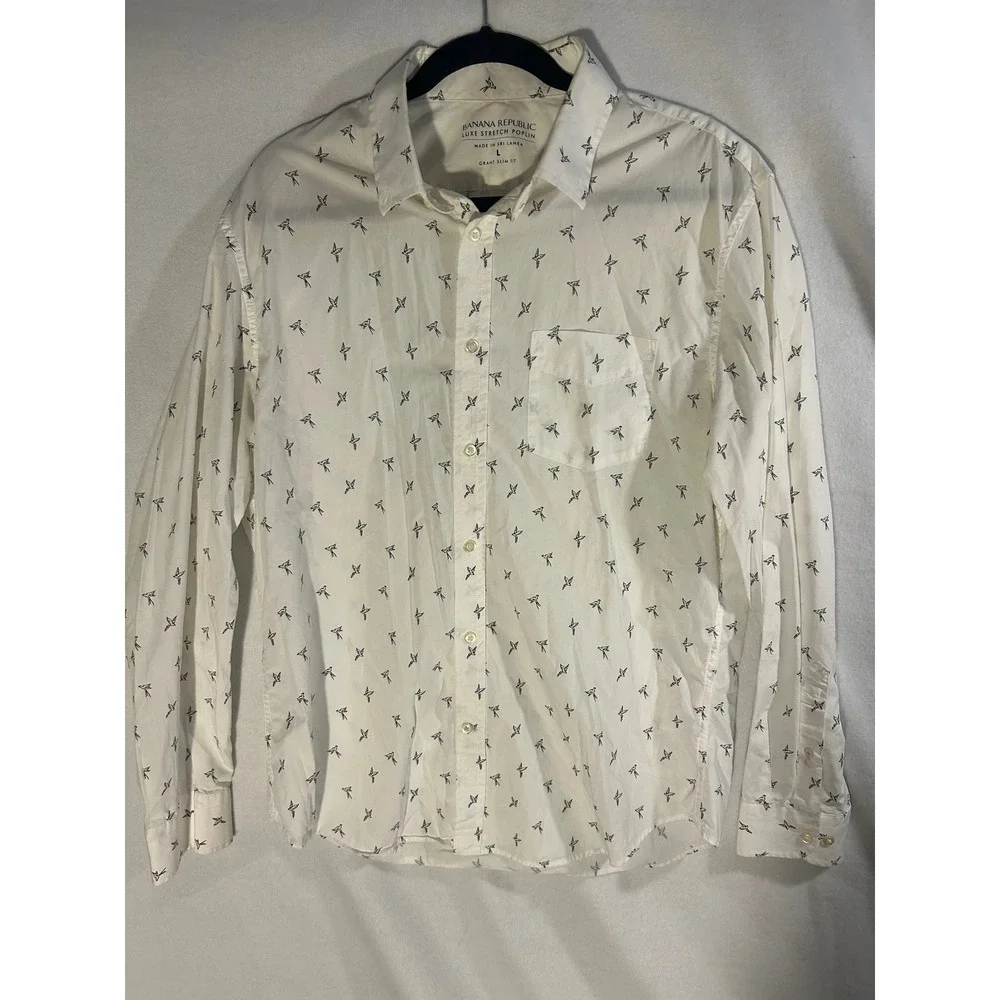 Banana Republic Luxe Stretch Poplin Grant Slim Fit Bird Print Shirt White Mens L